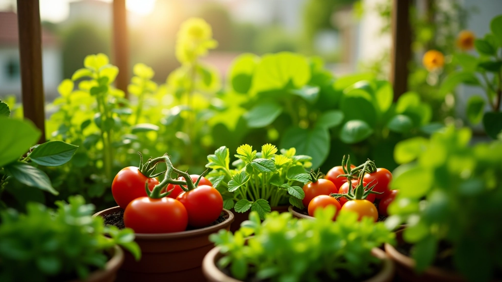 Diferentes vegetais cultivados em vasos na varanda, mostrando variedade de tamanhos e tipos de plantas