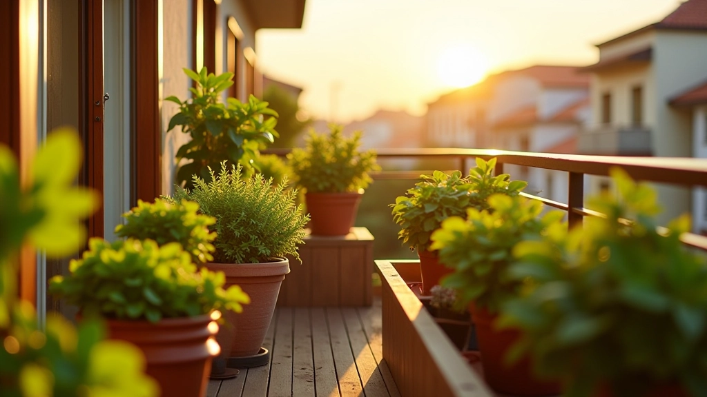 Varanda ensolarada com múltiplos vasos de plantas bem distribuídos ao longo do dia