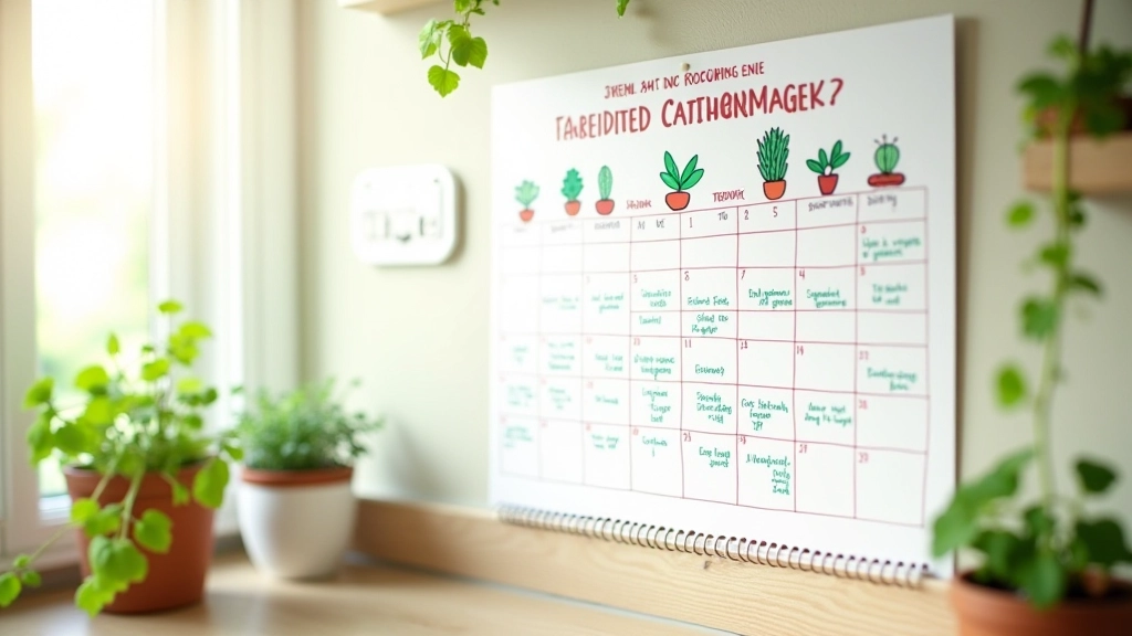 Calendário colorido pendurado numa parede de cozinha com datas de plantio marcadas