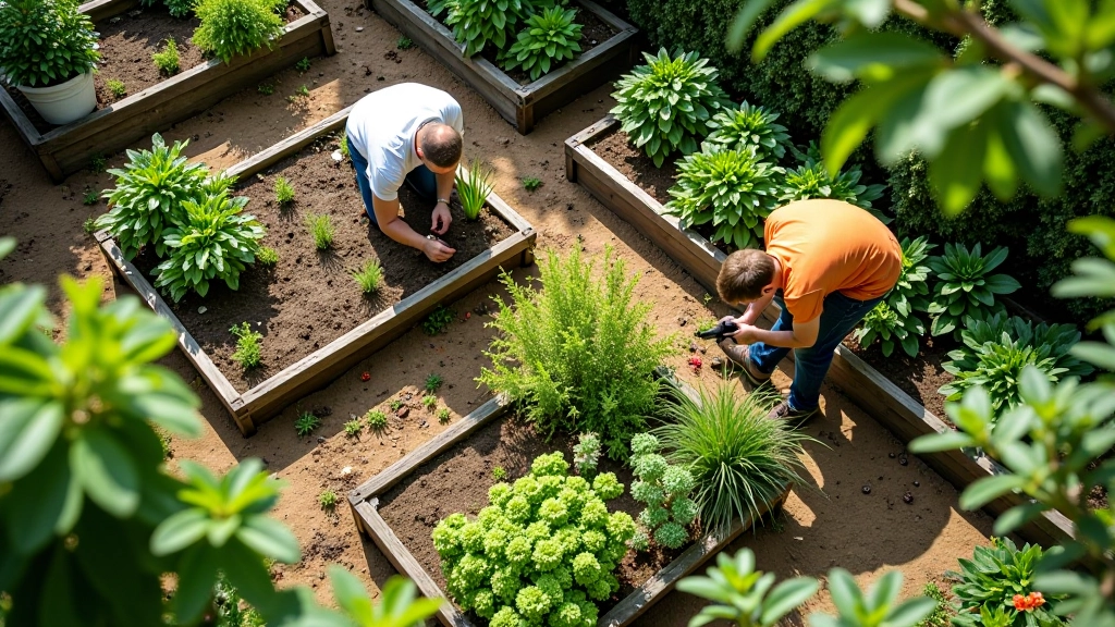 Grupo de voluntários a trabalhar juntos numa horta comunitária urbana