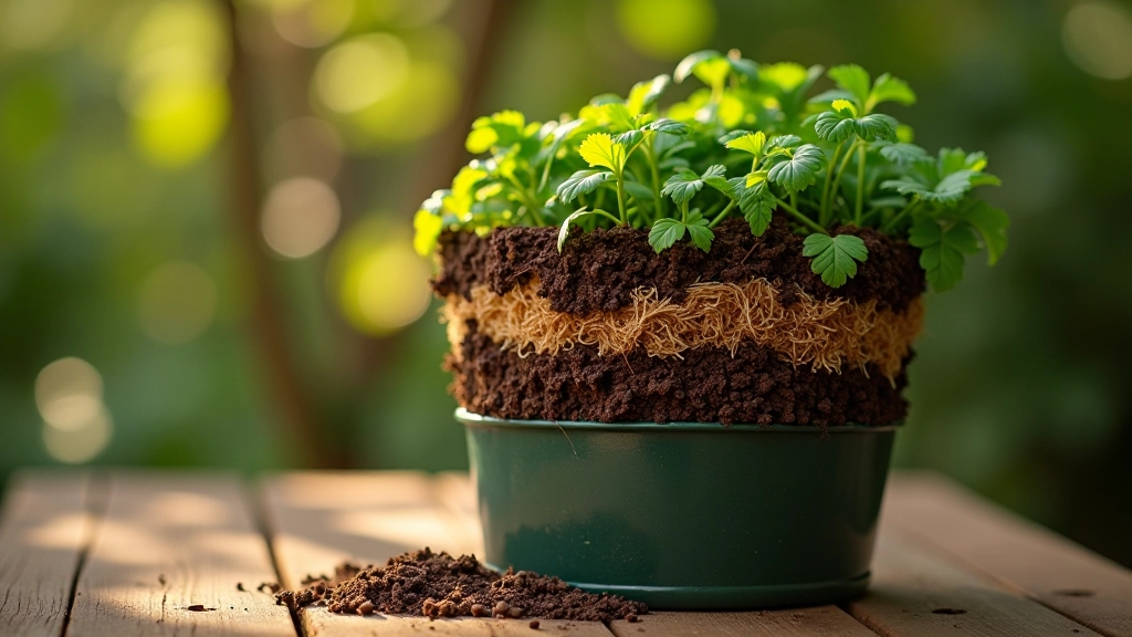 Caixa de compostagem caseira feita com materiais reutilizados, cheia de resíduos vegetais