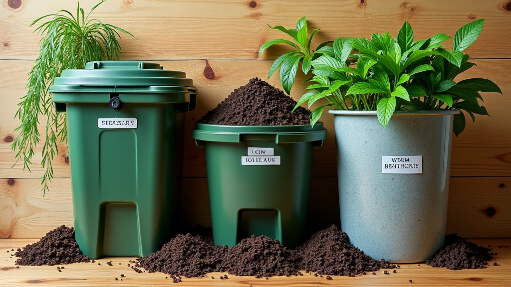 Três métodos de compostagem lado a lado: caixa simples de plástico, tambor giratório e vermicompostor com minhocas