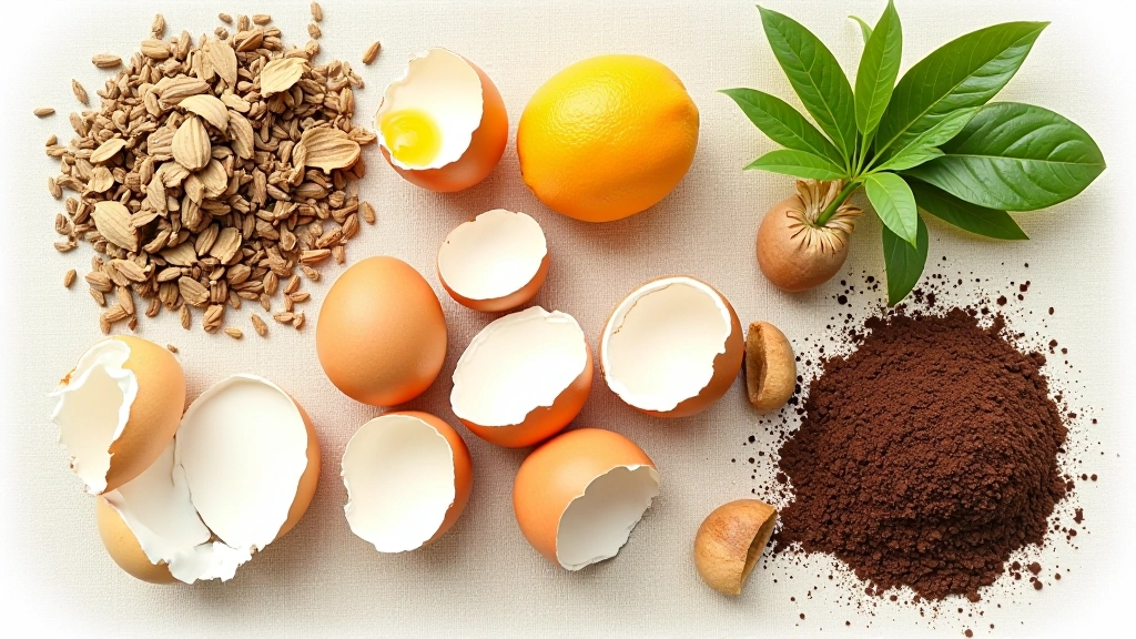 Diferentes tipos de materiais para compostagem: cascas de ovo, folhas secas, aparas de relva e restos de frutas