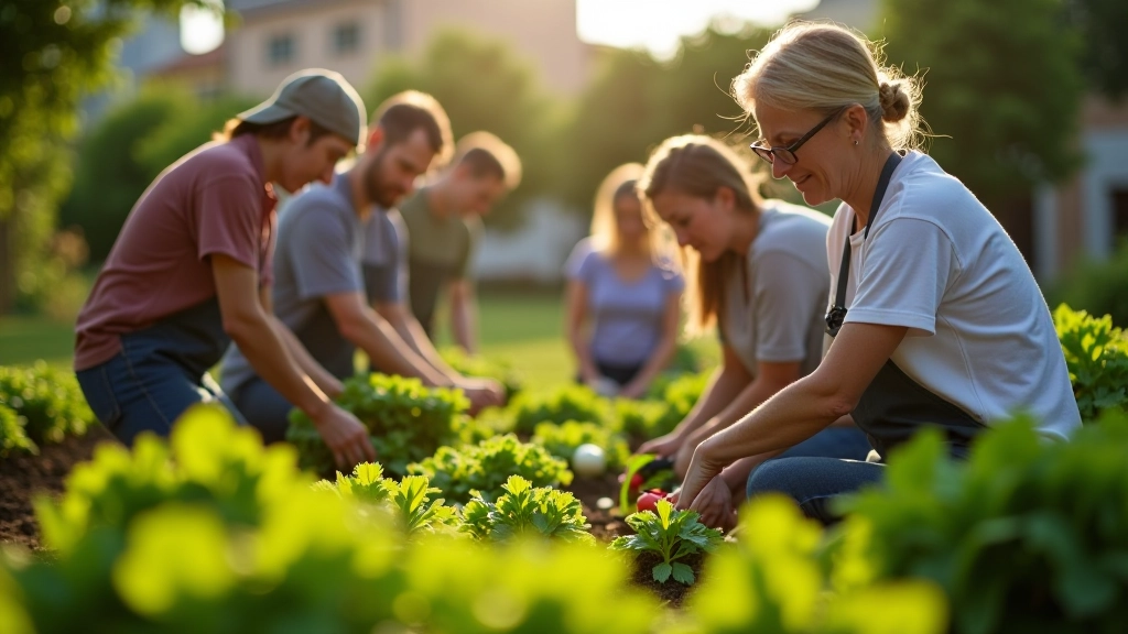 Grupo de pessoas numa horta comunitária urbana, colhendo vegetais juntos