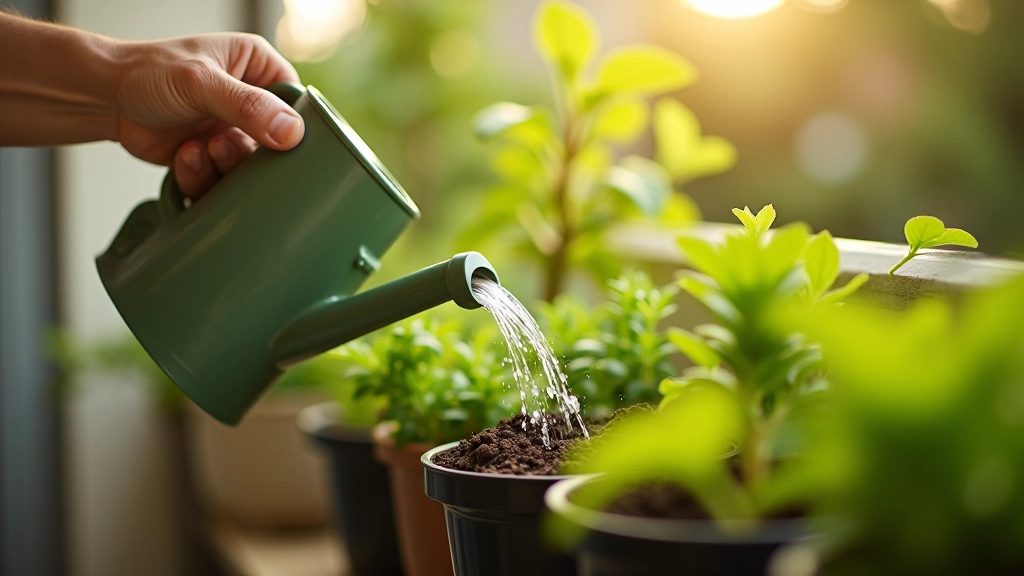 Mão regando uma planta em vaso com regador, mostrando técnica correta de hidratação