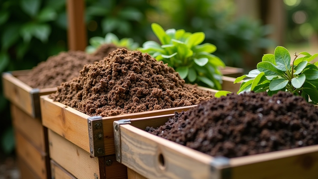 Caixas de compostagem caseira com diferentes estágios de decomposição