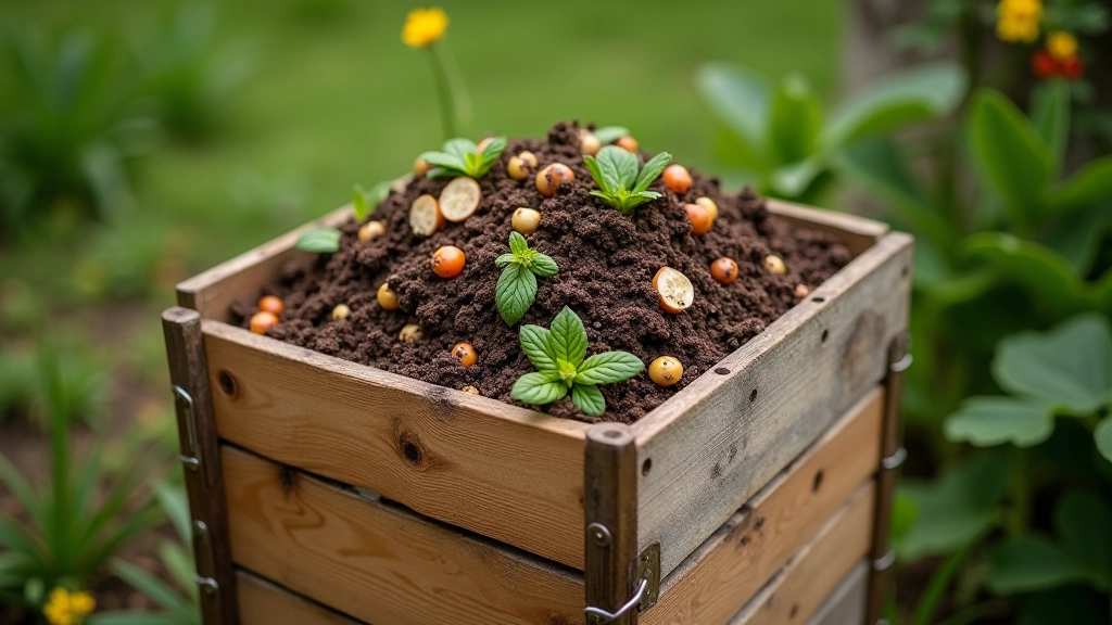 Caixa de compostagem caseira feita com materiais reutilizados, cheia de resíduos vegetais coloridos