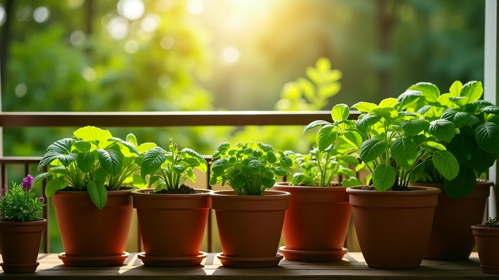 Varanda moderna com vegetais e plantas em vasos crescendo ao sol