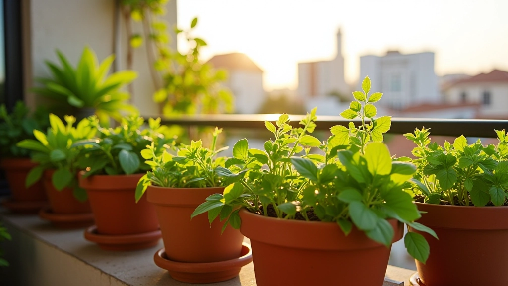 Varanda moderna com vários vasos de plantas e vegetais em crescimento