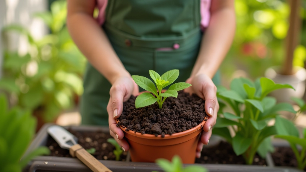 Pessoa plantando sementes em vaso com terra preta e ferramentas de jardinagem