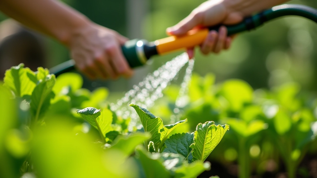 Pessoa a regar plantas numa horta comunitária, mangueira em mão, canteiros verdes com folhagem