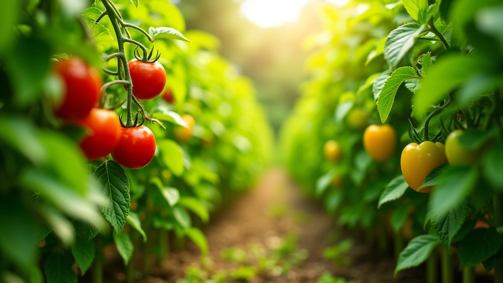 Horta abundante no verão com tomateiros carregados de frutos vermelhos, pimenteiros verdes e abóboras no solo