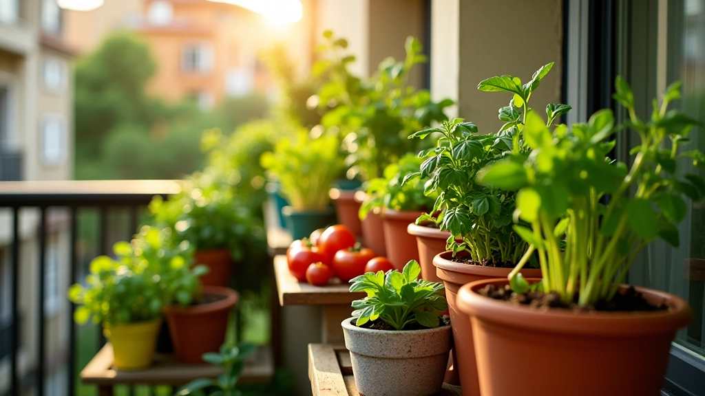 Varanda com vasos de vegetais em diferentes níveis