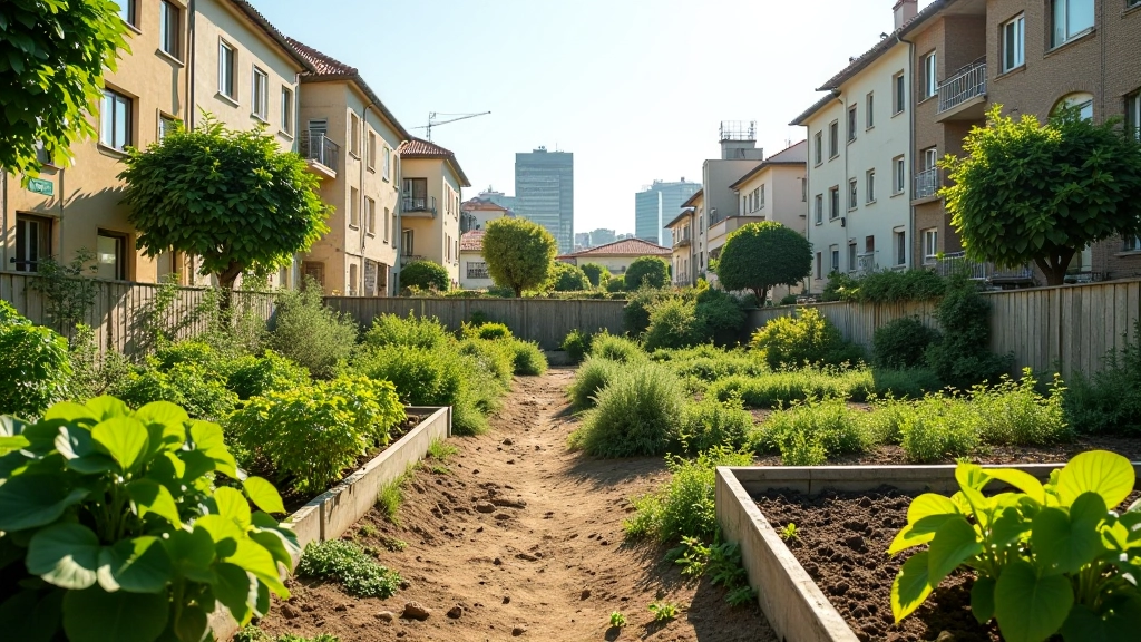 Terreno vazio em zona urbana com potencial para horta comunitária, luz natural clara, sem sombras